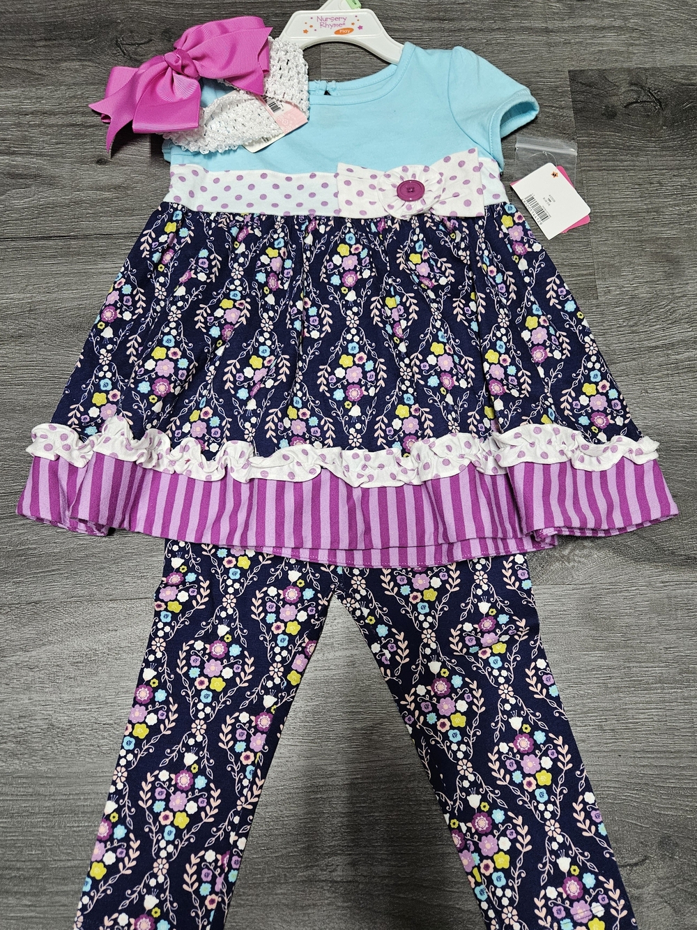 Girls Navy Floral Tunic & Legging Set with Aqua Top and Pink Bow